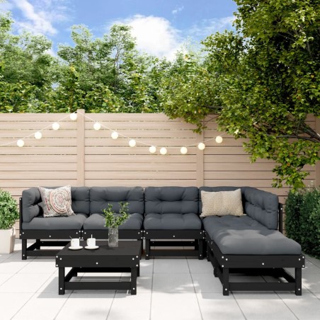 vidaXL Juego de muebles de jardín 7 pzas y cojines madera maciza negro