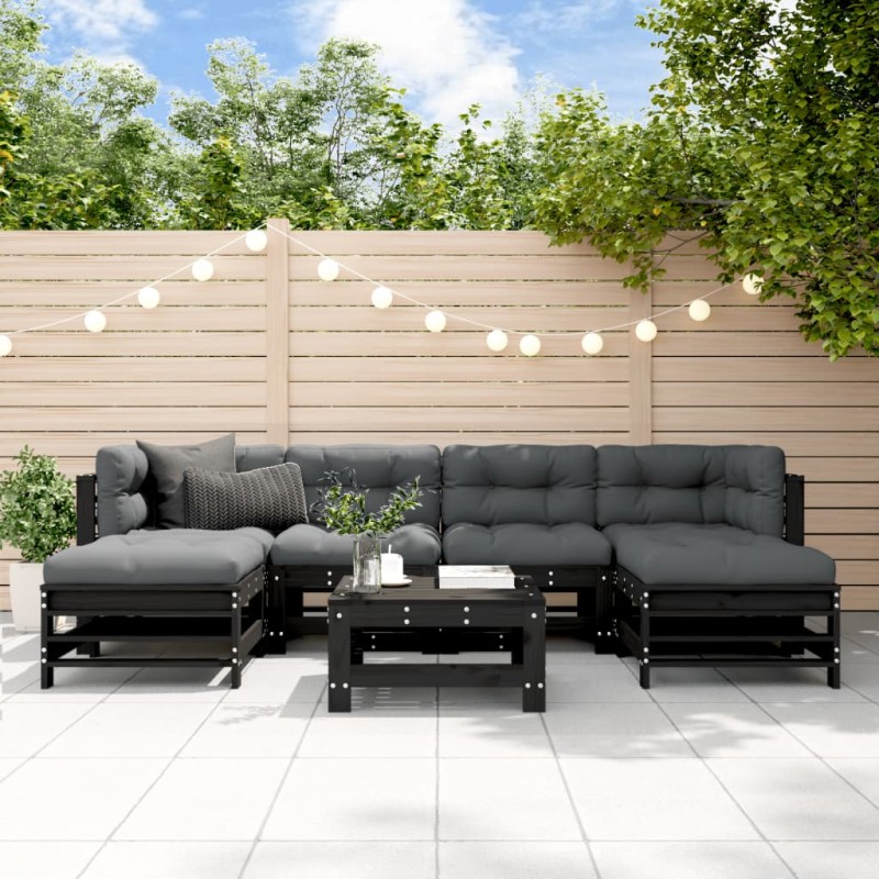 vidaXL Juego de muebles de jardín 7 pzas y cojines madera maciza negro vidaXL Juego de muebles de jardín 7 pzas y cojines madera maciza negro