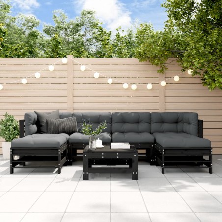 vidaXL Juego de muebles de jardín 7 pzas y cojines madera maciza negro