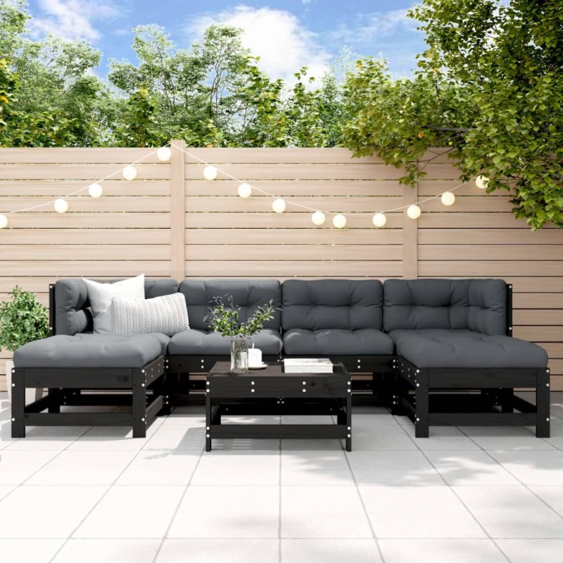 vidaXL Juego de muebles de jardín 7 pzas y cojines madera maciza negro vidaXL Juego de muebles de jardín 7 pzas y cojines madera maciza negro