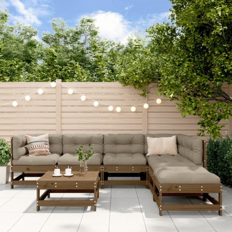 vidaXL Juego muebles jardín 7 pzas y cojines madera maciza marrón miel