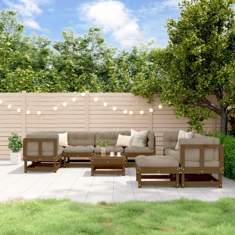 vidaXL Set muebles jardín 10 pzas y cojines madera maciza marrón miel vidaXL Set muebles jardín 10 pzas y cojines madera maciza marrón miel