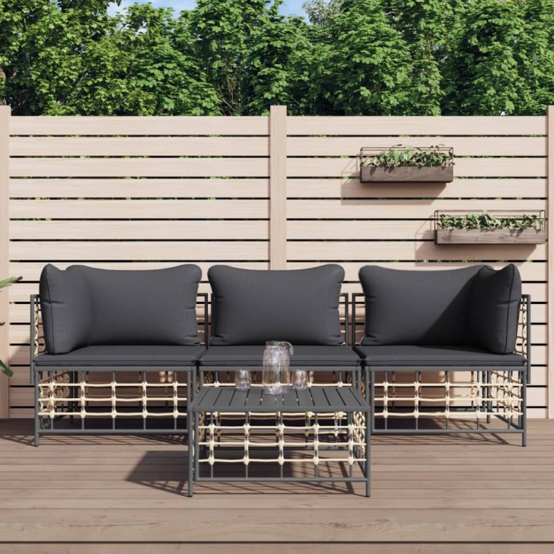 vidaXL Juego de muebles de jardín 4 pzas y cojines ratán PE antracita vidaXL Juego de muebles de jardín 4 pzas y cojines ratán PE antracita