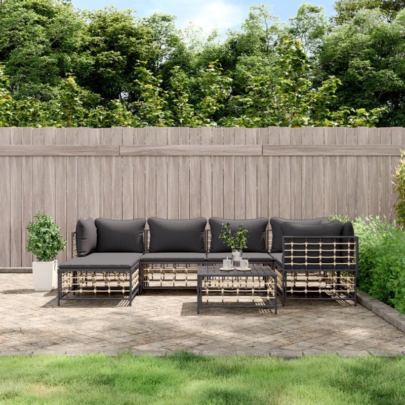 vidaXL Set muebles de jardín 7 pzas y cojines ratán PE gris antracita vidaXL Set muebles de jardín 7 pzas y cojines ratán PE gris antracita