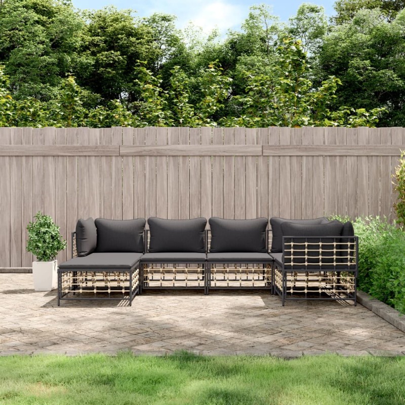 vidaXL Juego de muebles de jardín 6 pzas cojines antracita ratán PE vidaXL Juego de muebles de jardín 6 pzas cojines antracita ratán PE