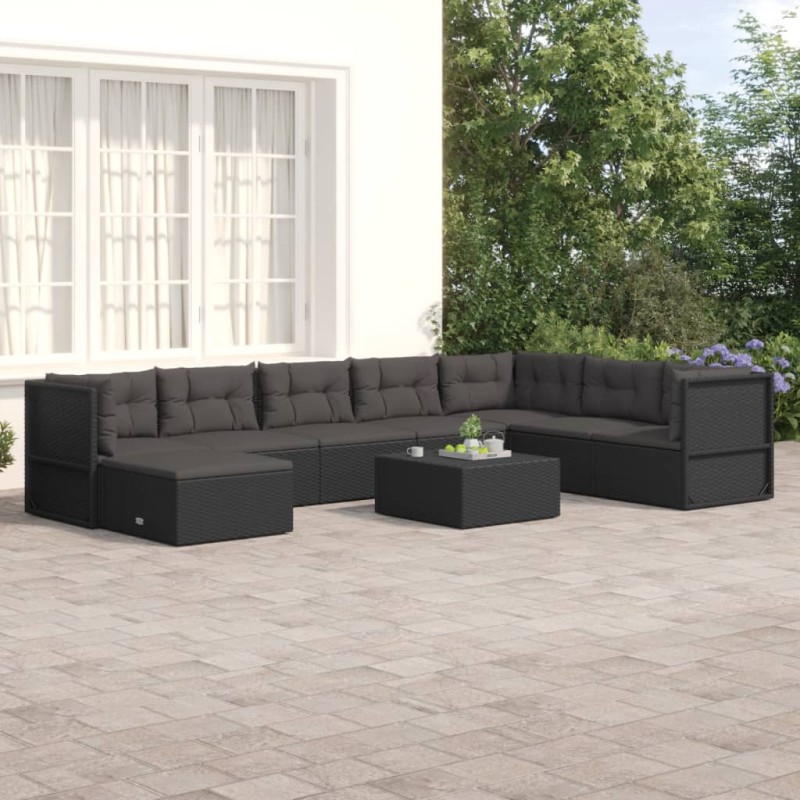 vidaXL Set de muebles de jardín 8 pzas y cojines ratán sintético negro vidaXL Set de muebles de jardín 8 pzas y cojines ratán sintético negro