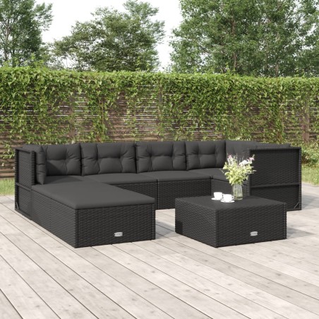 vidaXL Set de muebles de jardín y cojines 7 pzas ratán sintético negro