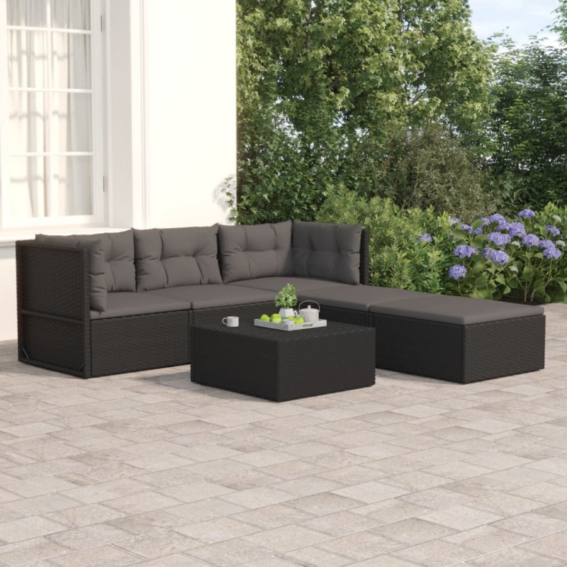 vidaXL Set de muebles de jardín 5 pzas y cojines ratán sintético negro vidaXL Set de muebles de jardín 5 pzas y cojines ratán sintético negro