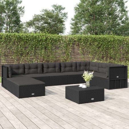 vidaXL Set de muebles de jardín 9 pzas y cojines ratán sintético negro