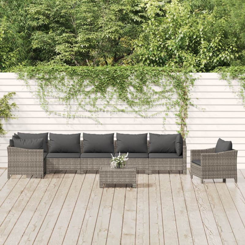 vidaXL Set de muebles de jardín 8 pzas y cojines ratán sintético gris vidaXL Set de muebles de jardín 8 pzas y cojines ratán sintético gris