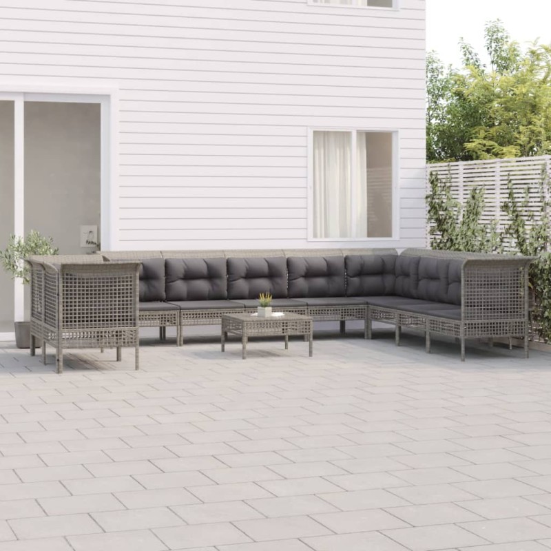 vidaXL Set de muebles de jardín 11 pzas y cojines ratán sintético gris vidaXL Set de muebles de jardín 11 pzas y cojines ratán sintético gris