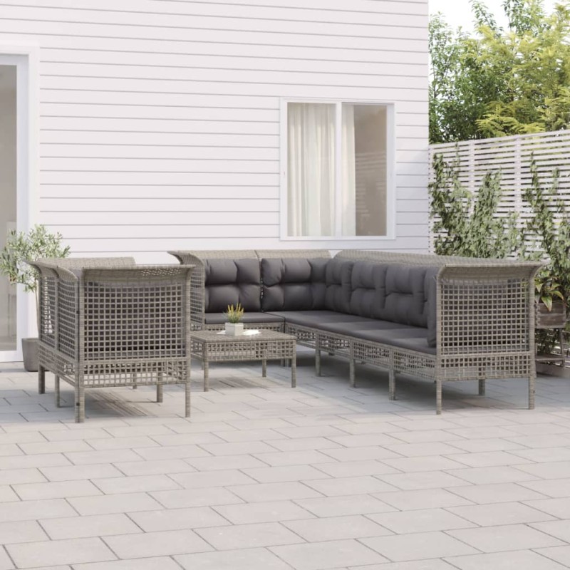 vidaXL Set de muebles de jardín 9 pzas y cojines ratán sintético gris vidaXL Set de muebles de jardín 9 pzas y cojines ratán sintético gris