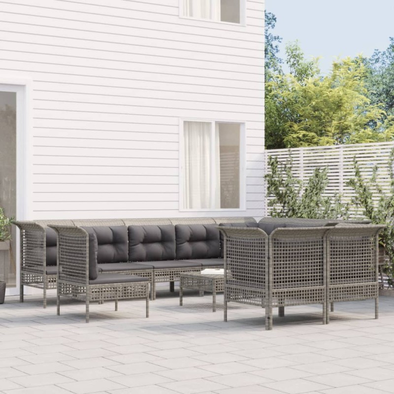 vidaXL Set de muebles de jardín 11 pzas y cojines ratán sintético gris vidaXL Set de muebles de jardín 11 pzas y cojines ratán sintético gris