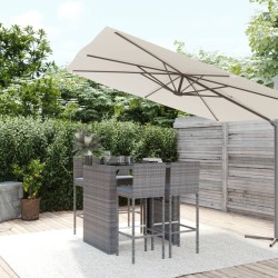 vidaXL Mesa y taburetes altos jardín 5 piezas y cojines ratán PE gris