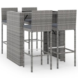 vidaXL Mesa y taburetes altos jardín 5 piezas y cojines ratán PE gris