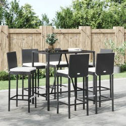 vidaXL Mesa y taburetes altos jardín y cojines 7 pzas ratán PE negro