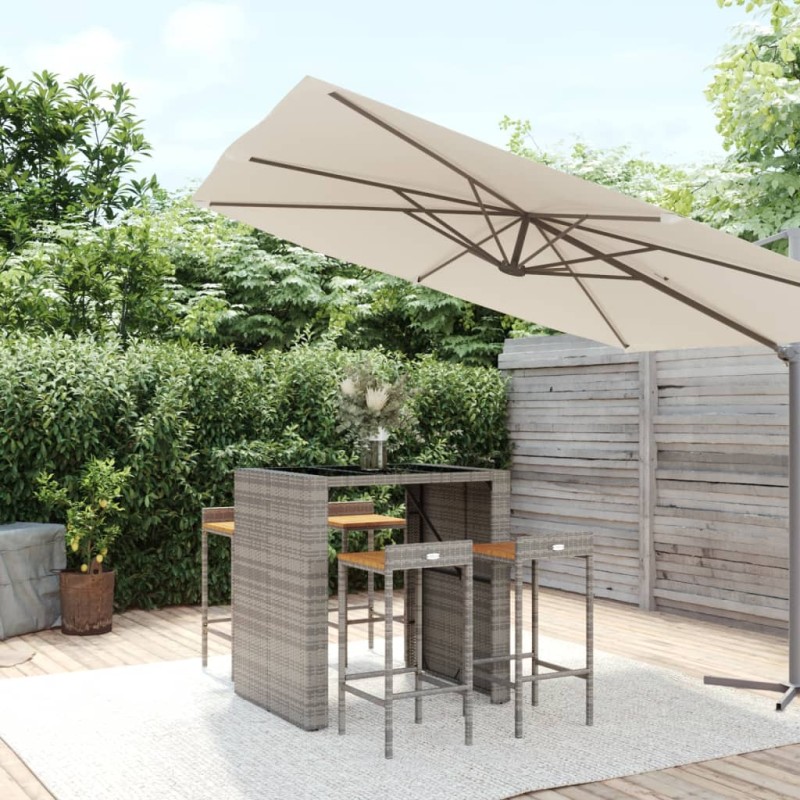 vidaXL Mesa bar y taburetes jardín 5 pzas madera acacia ratán PE gris
