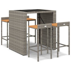 vidaXL Mesa bar y taburetes jardín 5 pzas madera acacia ratán PE gris