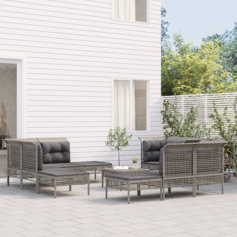 vidaXL Set de muebles de jardín 10 pzas y cojines ratán sintético gris vidaXL Set de muebles de jardín 10 pzas y cojines ratán sintético gris