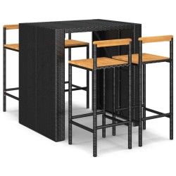 vidaXL Mesa bar y taburetes jardín 5 pzas madera acacia ratán PE negro
