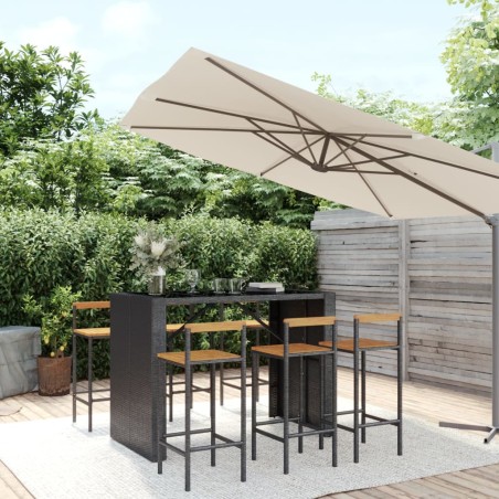 vidaXL Mesa bar y taburetes jardín 7 pzas madera acacia ratán PE negro