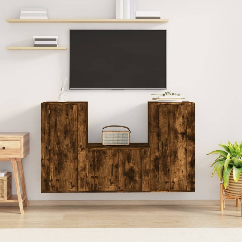 vidaXL Set de muebles de TV 3 pzas madera contrachapada roble ahumado vidaXL Set de muebles de TV 3 pzas madera contrachapada roble ahumado