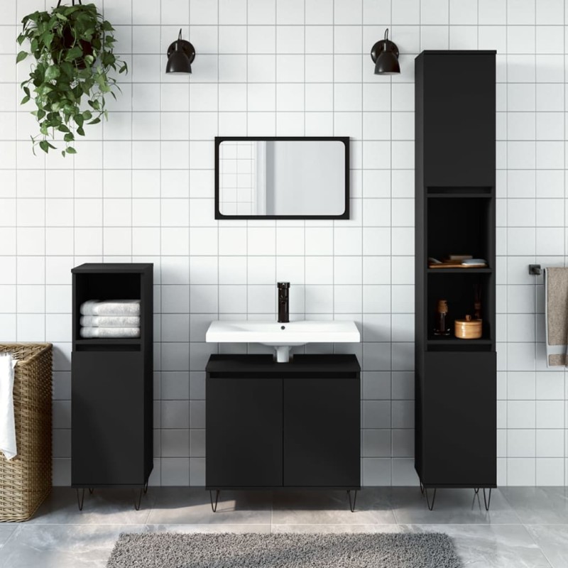 vidaXL Juego de muebles de baño 3 pzas madera contrachapada negro