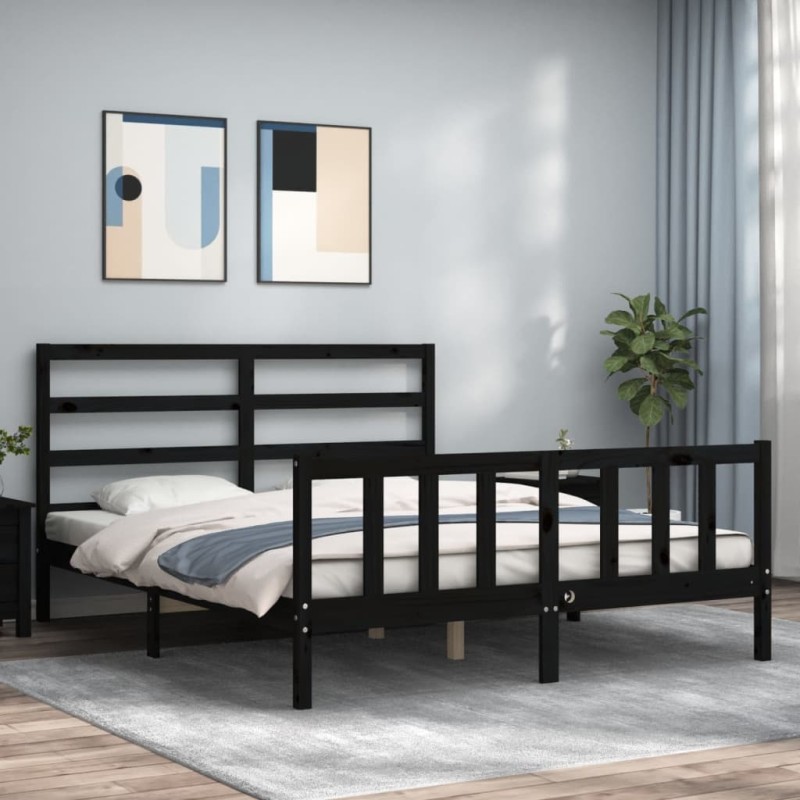 vidaXL Estructura de cama con cabecero madera maciza negro 160x200 cm vidaXL Estructura de cama con cabecero madera maciza negro 160x200 cm