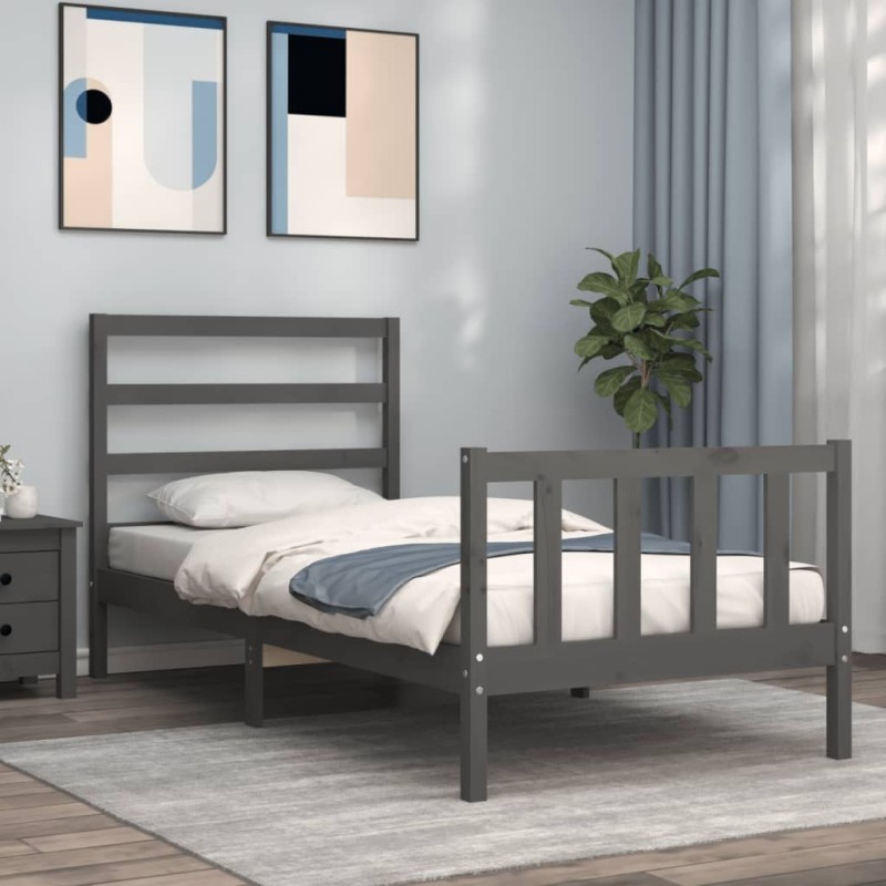 vidaXL Estructura de cama con cabecero madera maciza gris 90x190 cm