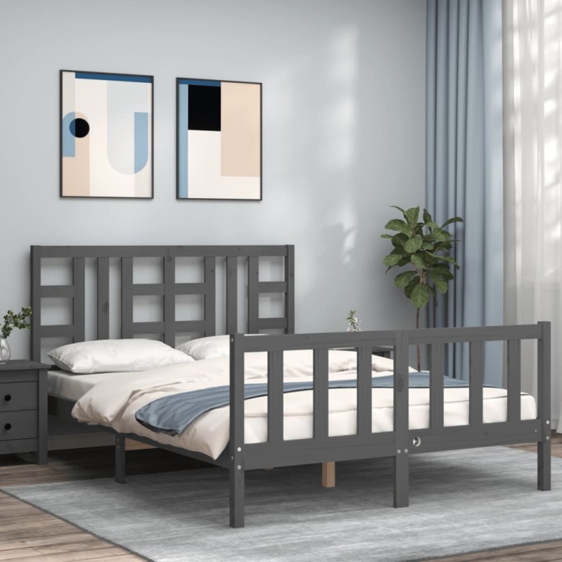 vidaXL Estructura cama de matrimonio con cabecero madera maciza gris vidaXL Estructura cama de matrimonio con cabecero madera maciza gris