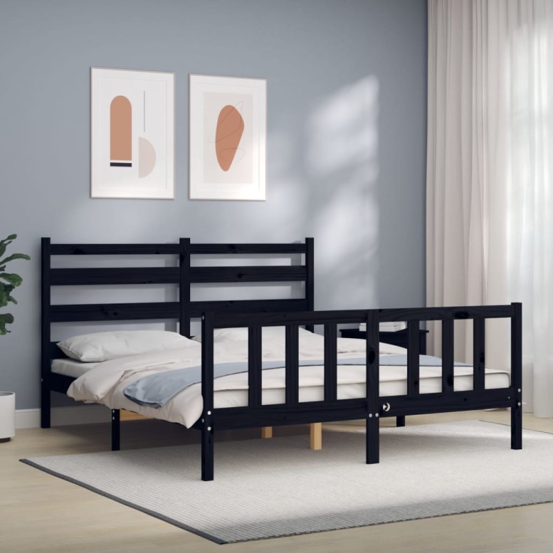vidaXL Estructura cama de matrimonio con cabecero madera maciza negro vidaXL Estructura cama de matrimonio con cabecero madera maciza negro