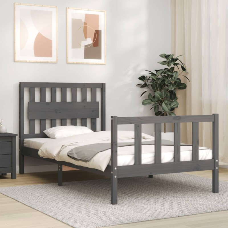 vidaXL Estructura de cama con cabecero madera maciza gris 100x200 cm vidaXL Estructura de cama con cabecero madera maciza gris 100x200 cm