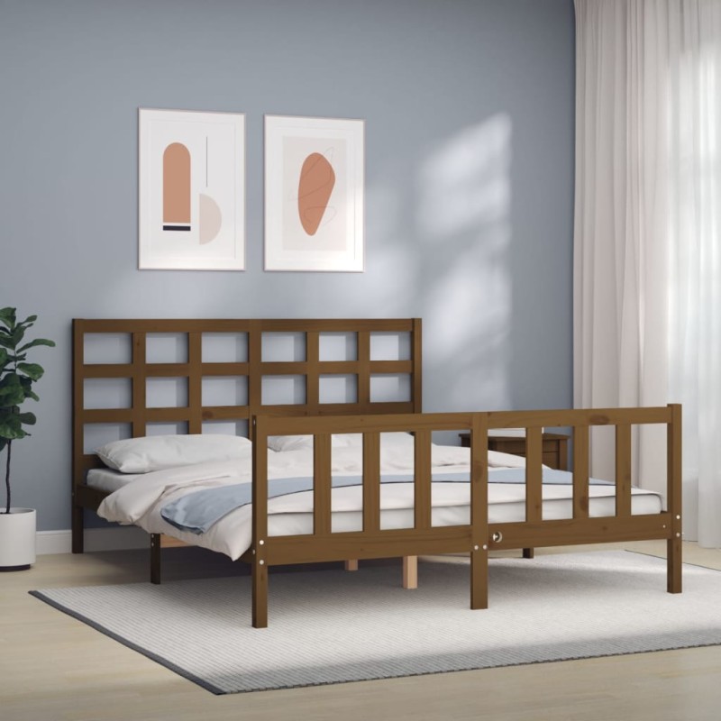 vidaXL Estructura de cama matrimonio con cabecero madera marrón miel vidaXL Estructura de cama matrimonio con cabecero madera marrón miel