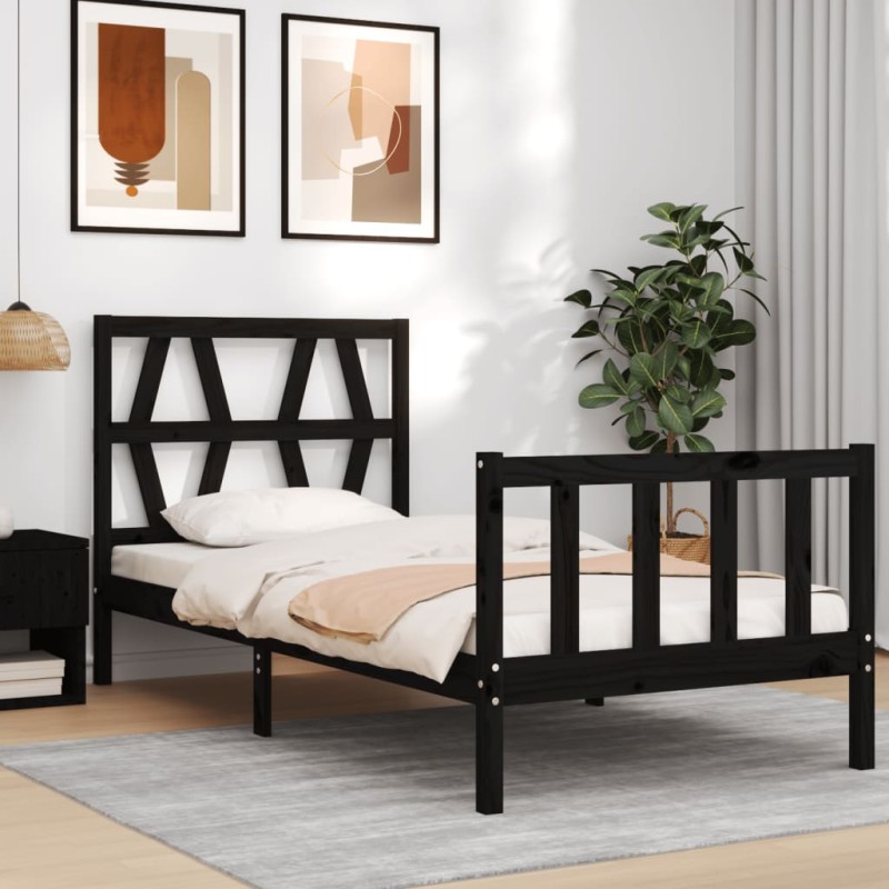vidaXL Estructura de cama con cabecero madera maciza negro 100x200 cm vidaXL Estructura de cama con cabecero madera maciza negro 100x200 cm
