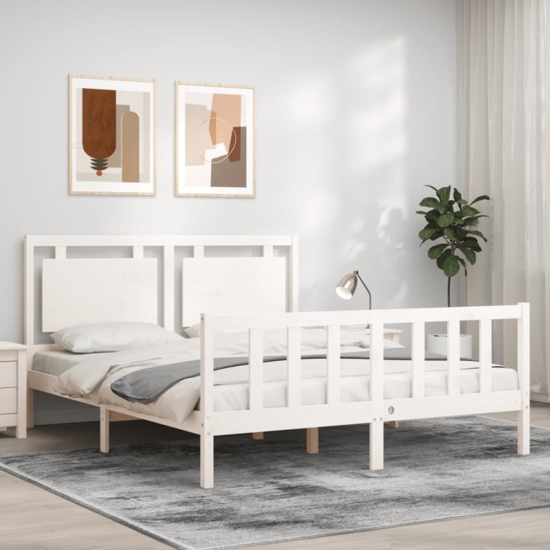 vidaXL Estructura de cama con cabecero madera maciza blanco 160x200 cm vidaXL Estructura de cama con cabecero madera maciza blanco 160x200 cm