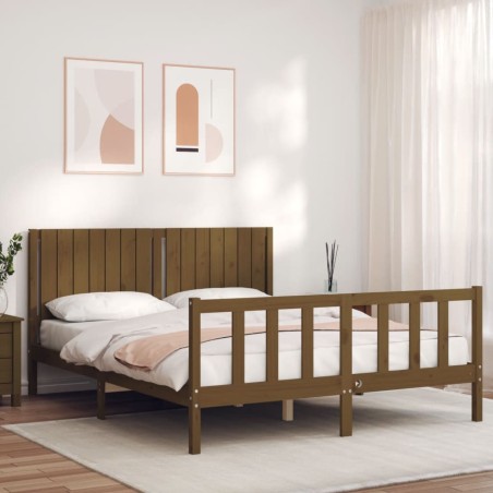 vidaXL Estructura de cama matrimonio con cabecero madera marrón miel