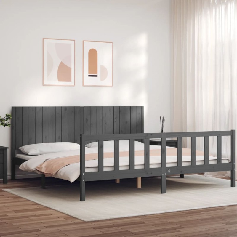 vidaXL Estructura de cama con cabecero madera maciza gris 200x200 cm vidaXL Estructura de cama con cabecero madera maciza gris 200x200 cm
