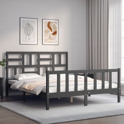 vidaXL Estructura de cama con cabecero madera maciza gris 160x200 cm