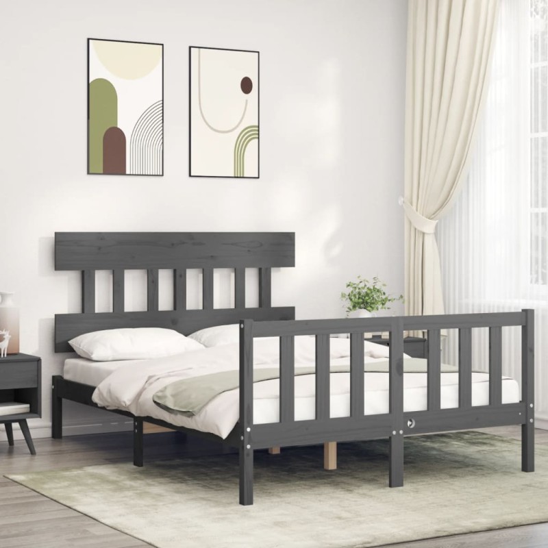 vidaXL Estructura cama de matrimonio con cabecero madera maciza gris
