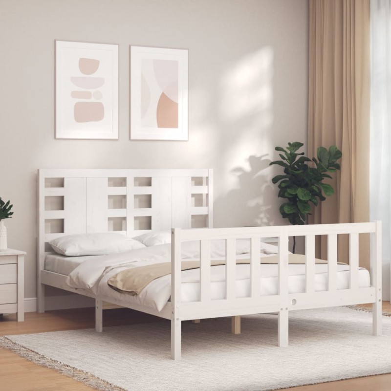 vidaXL Estructura de cama con cabecero madera maciza blanco 140x190 cm vidaXL Estructura de cama con cabecero madera maciza blanco 140x190 cm