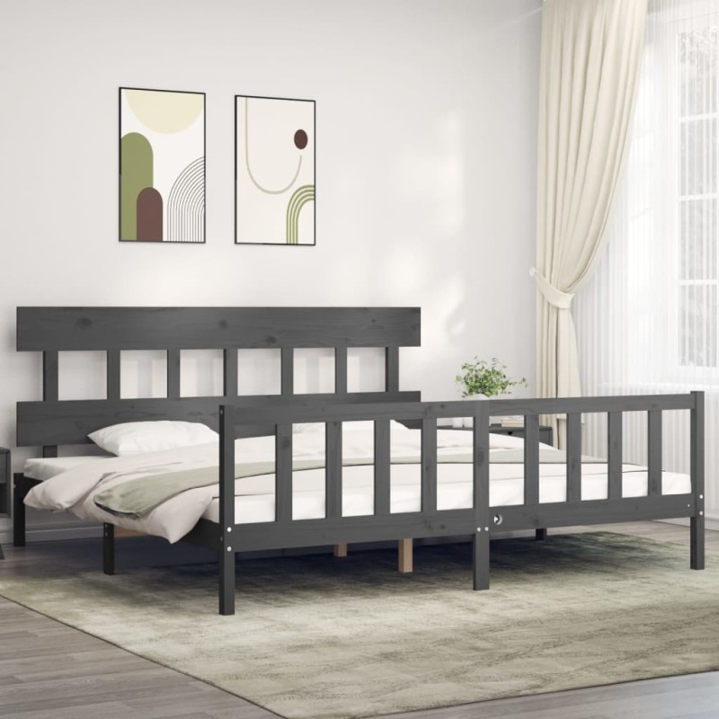 vidaXL Estructura cama de matrimonio con cabecero madera maciza gris vidaXL Estructura cama de matrimonio con cabecero madera maciza gris