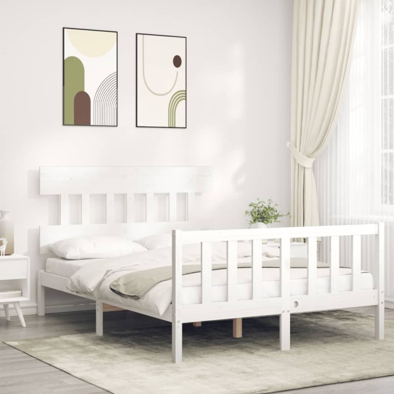 vidaXL Estructura cama de matrimonio con cabecero madera maciza blanco vidaXL Estructura cama de matrimonio con cabecero madera maciza blanco