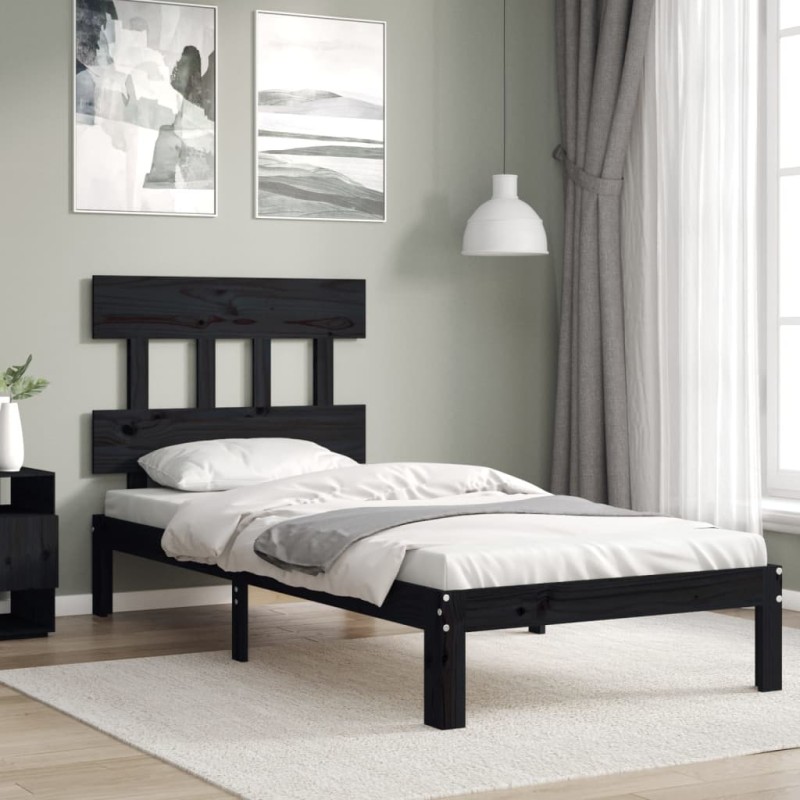 vidaXL Estructura de cama con cabecero madera maciza negro 100x200 cm vidaXL Estructura de cama con cabecero madera maciza negro 100x200 cm