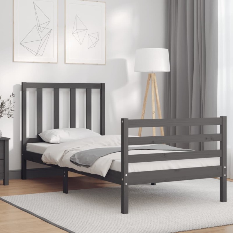 vidaXL Estructura de cama con cabecero madera maciza gris 90x200 cm vidaXL Estructura de cama con cabecero madera maciza gris 90x200 cm