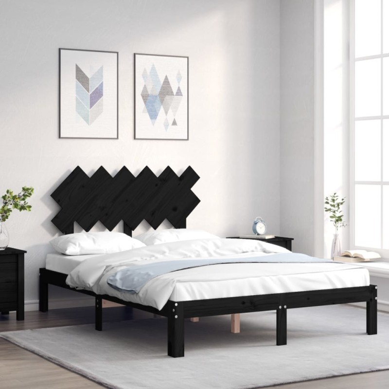 vidaXL Estructura cama de matrimonio con cabecero madera maciza negro vidaXL Estructura cama de matrimonio con cabecero madera maciza negro