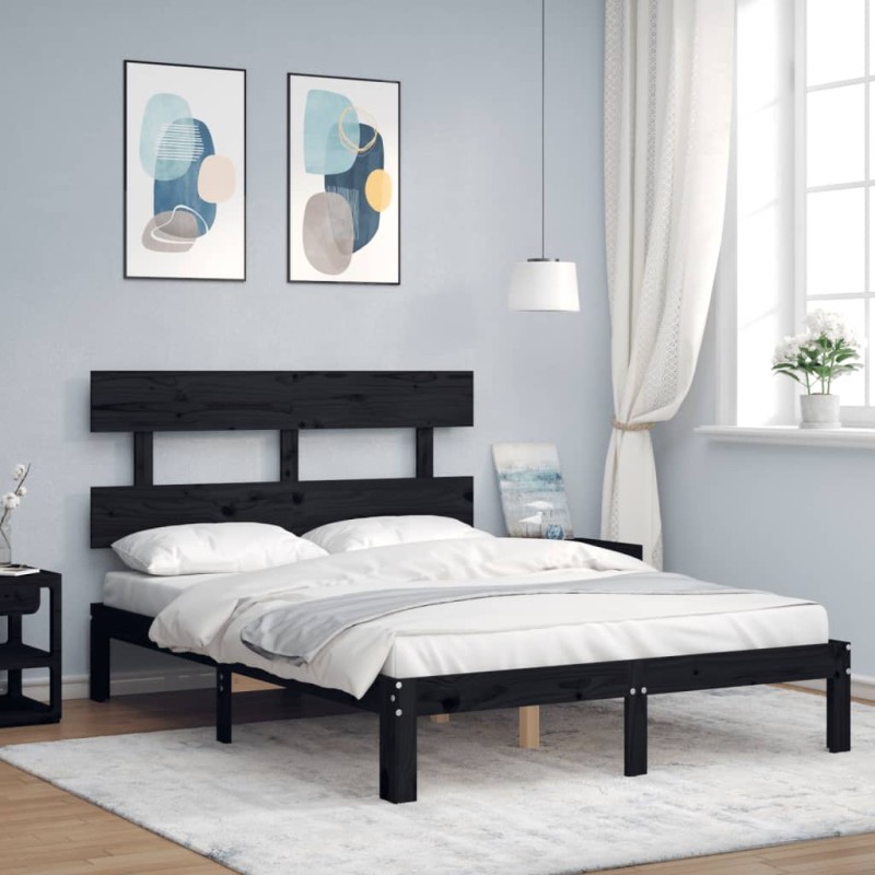 vidaXL Estructura cama de matrimonio con cabecero madera maciza negro