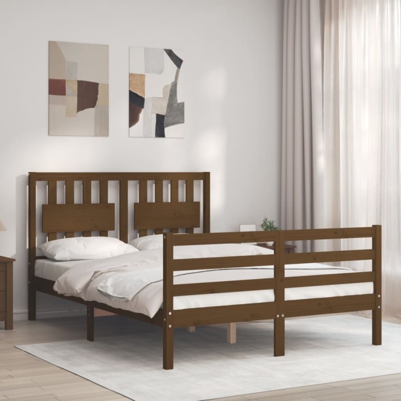 vidaXL Estructura de cama matrimonio con cabecero madera marrón miel vidaXL Estructura de cama matrimonio con cabecero madera marrón miel