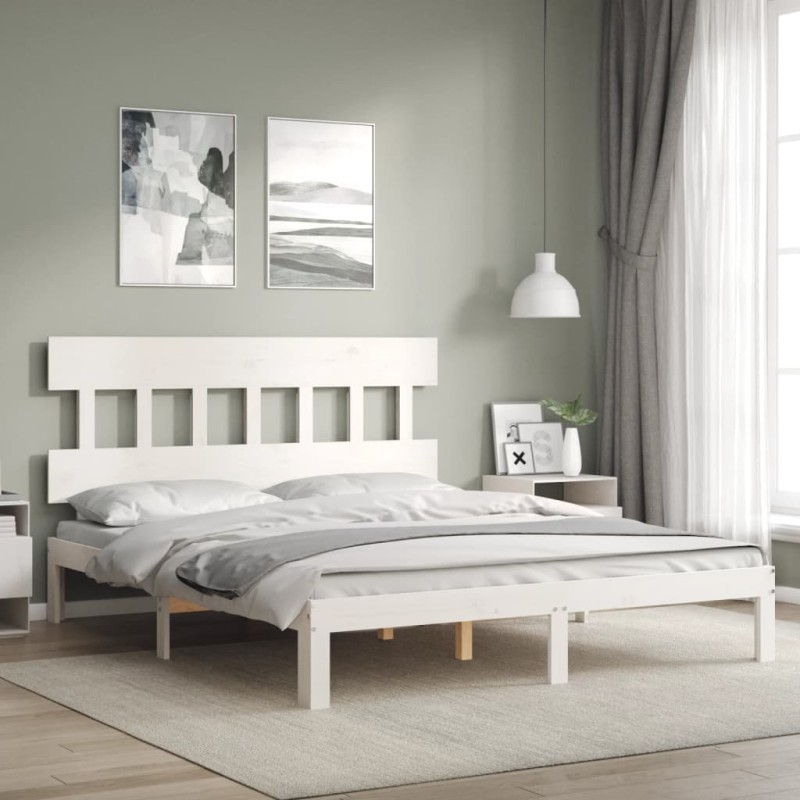 vidaXL Estructura de cama matrimonio con cabecero madera maciza blanco vidaXL Estructura de cama matrimonio con cabecero madera maciza blanco
