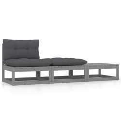 vidaXL Set de muebles de jardín 3 pzas con cojines madera pino gris