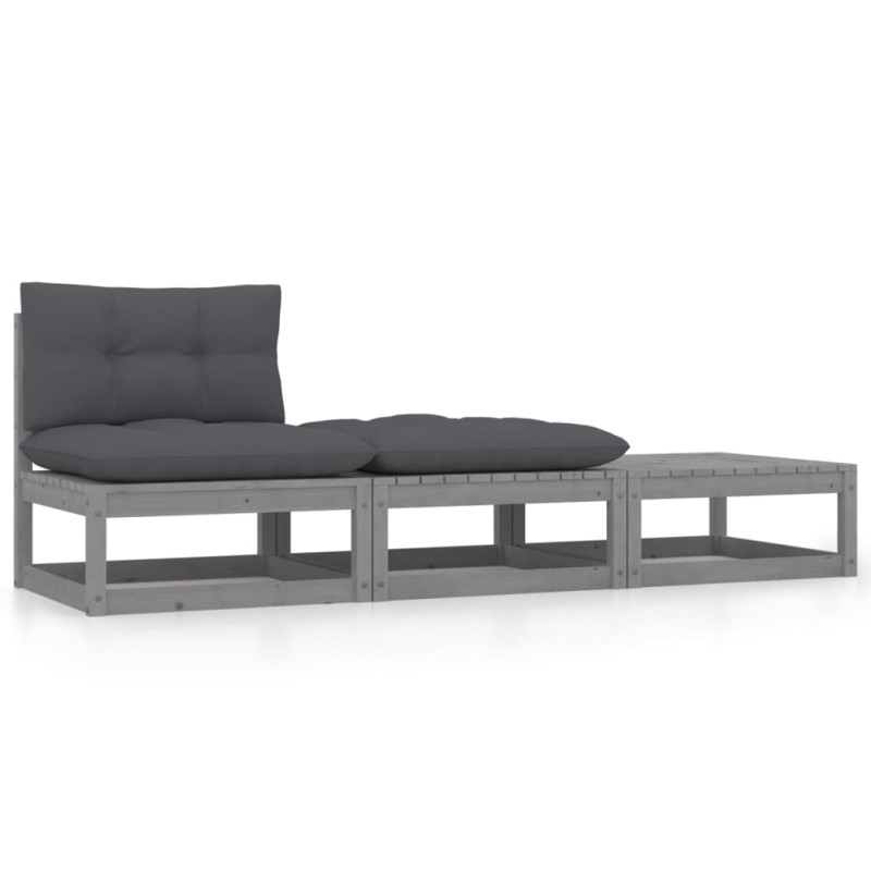 vidaXL Set de muebles de jardín 3 pzas con cojines madera pino gris vidaXL Set de muebles de jardín 3 pzas con cojines madera pino gris